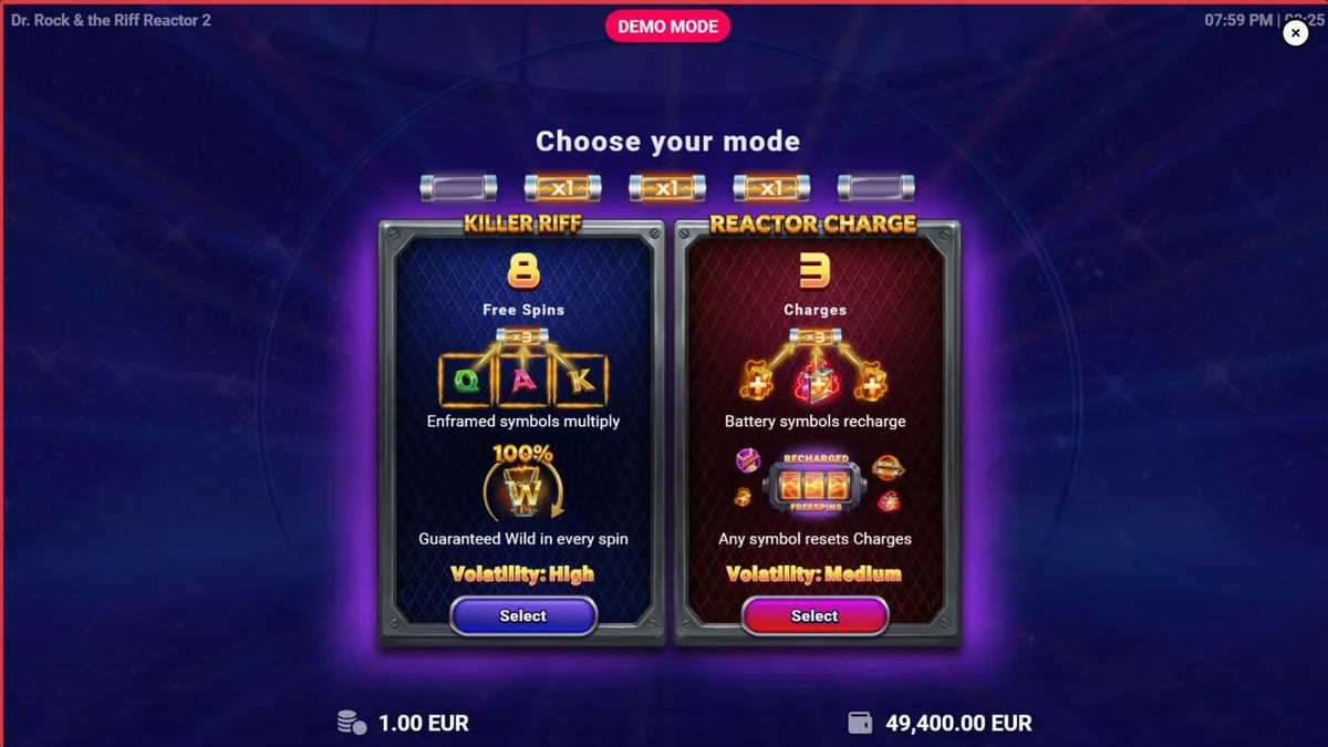 Dr. Rock & the Riff Reactor 2 slot gameplay interface