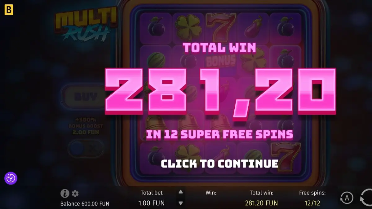 Tampilan visual slot Multi Rush dengan tema neon buah dan simbol arcade