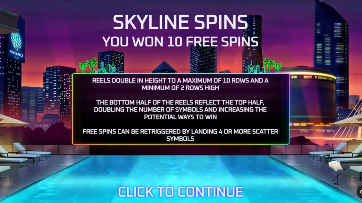 Tampilan visual neon dan mewah dari slot Midnight Mirage dengan latar belakang pemandangan kota malam hari.