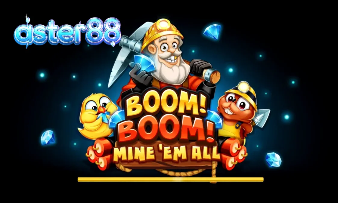 Visual tambang gelap dengan simbol dinamit dan helm di slot Boom! Boom! Mine ‘Em All