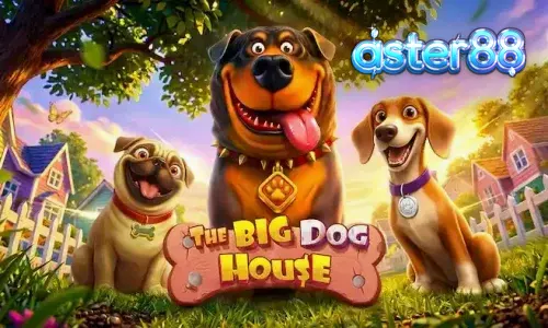 Tampilan layar permainan slot The Big Dog House dengan simbol anjing dan rumah anjing